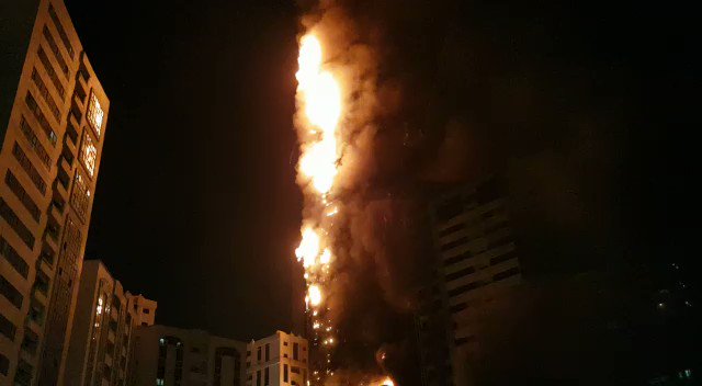 Abbco Tower in AlNahda, sharjah. Near Taj Bangalore restaurant. Even as firefighters from Sharjah Civil Defence battle the blaze, the fire is still raging and nearby towers are at risk. Residents evacuated. Video: Fire breaks out in Sharjah building