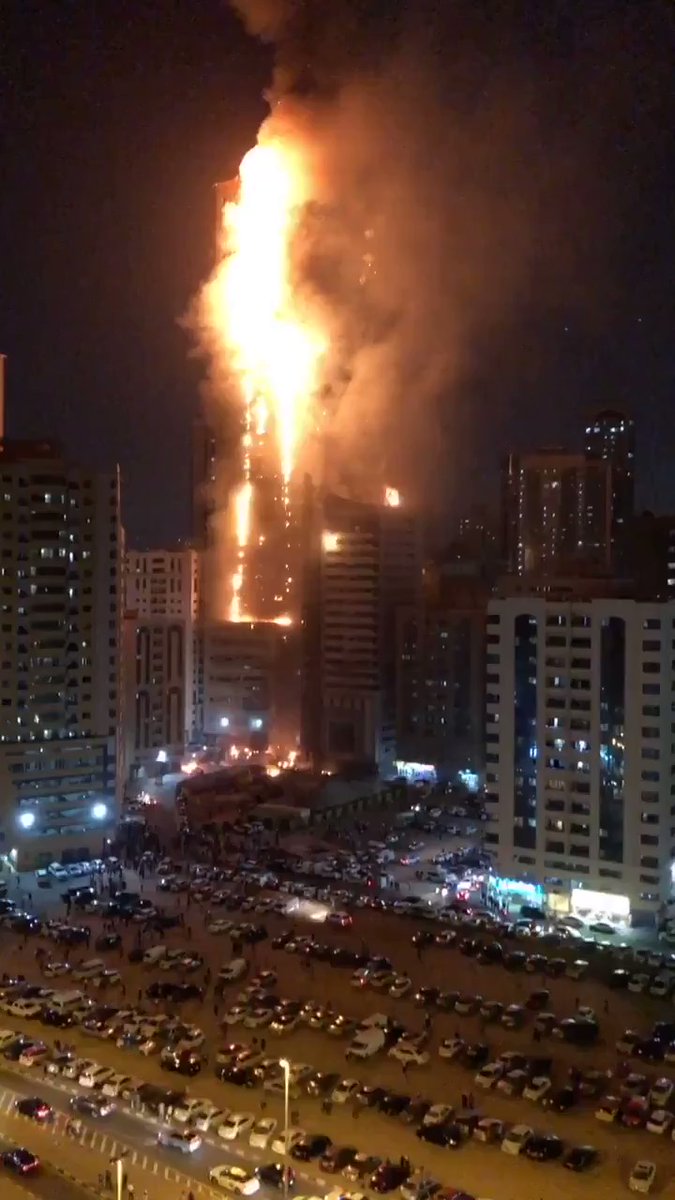 Massive fire engulfed a whole tower consisting of 48 storeys in Sharjah, UAE. 