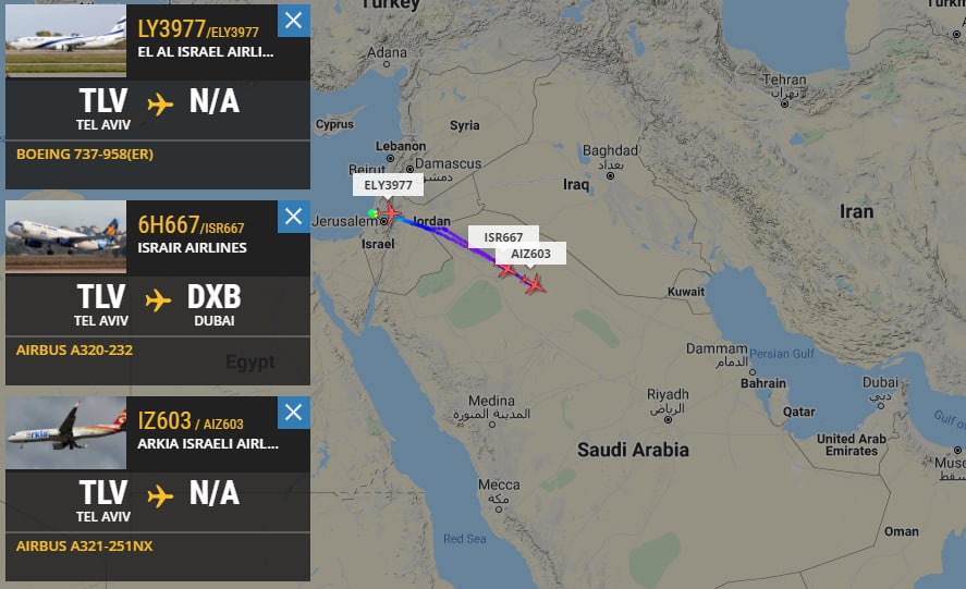 Three Israeli airlines: El Al, Arkia and Israir, operate this morning commercial direct-flights from Ben Gurion Airport to Dubai 