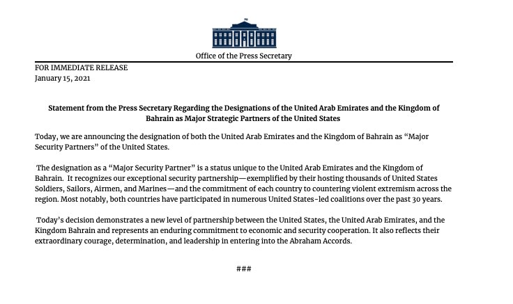 White House announces UAE and Bahrain are now Major Strategic Partners of US. (Or Major Security Partners)