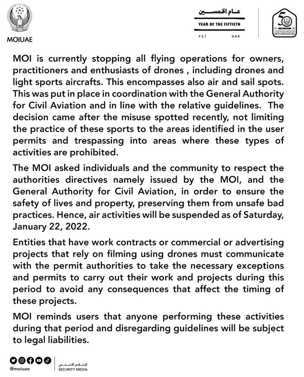 UAE MOI stops drone flying operations for owners, practitioners and enthusiasts  