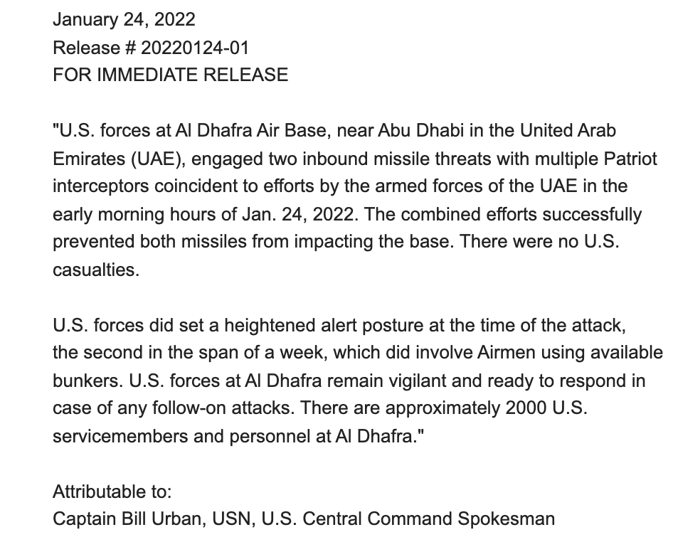 U.S. forces at Al Dhafra Air Base, near Abu Dhabi in the United Arab Emirates (UAE), engaged two inbound missile threats with multiple Patriot interceptors this morning