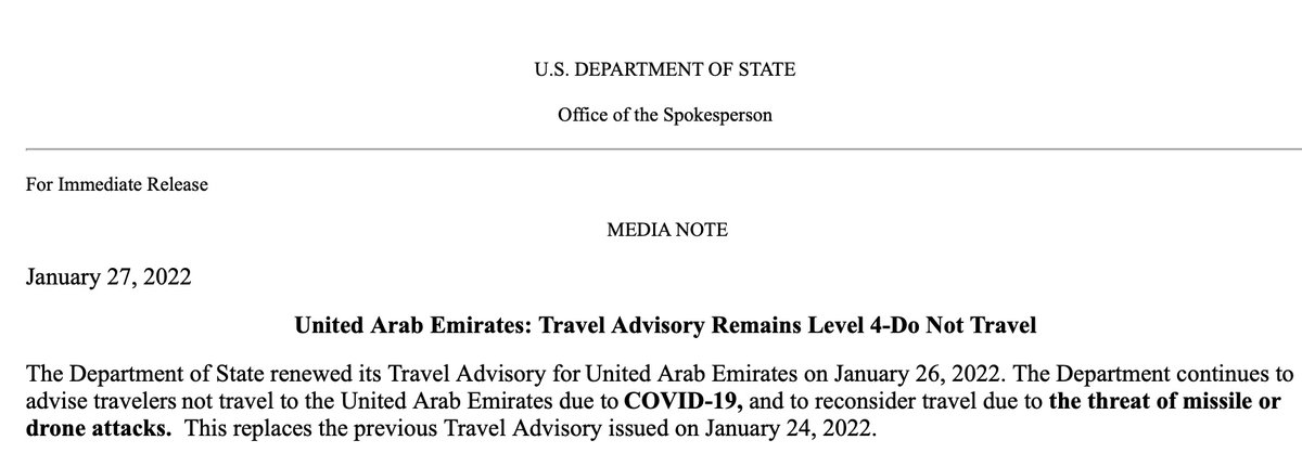 New U.S. State Department guidance calls on Americans to reconsider travel to the United Arab Emirates due to the threat of missile or drone attacks