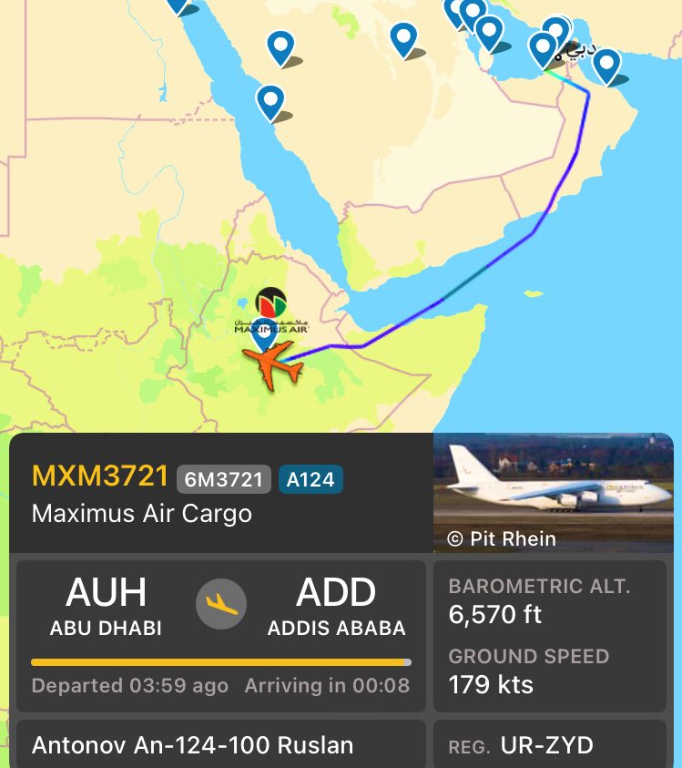 An Antonov An-124-100 Ruslan heavy cargo plane (registration: UR-ZYD / call sign: MXM3721), belonging to Maximus Air Cargo, owned by the Abu Dhabi authorities, took off from Al-Rif Air Base in Abu Dhabi and landed this morning at Harar Air Base. 