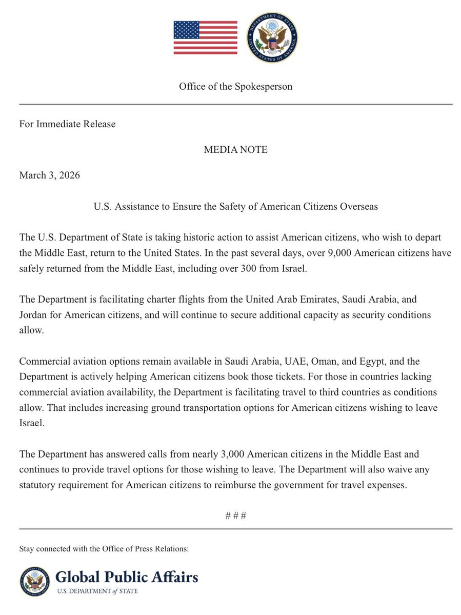 The State Dept is now facilitating charter flights from the United Arab Emirates, Saudi Arabia, and Jordan for American citizens — comes on the fourth day of the US-Israeli war on Iran and amid heavy criticism from U.S. lawmakers