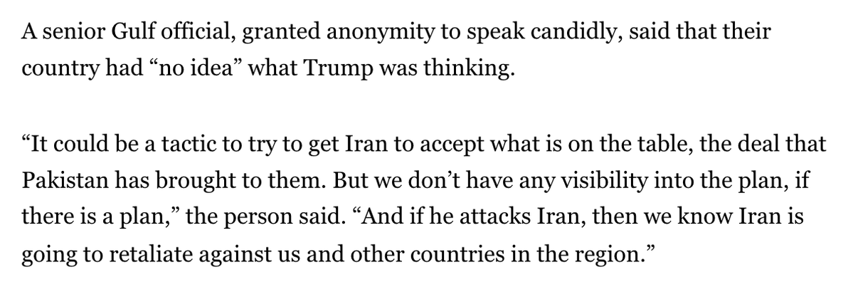 A senior Gulf official says allies are completely in the dark on Trump’s plans.“We have no idea what Trump is thinking.” Source: Politico