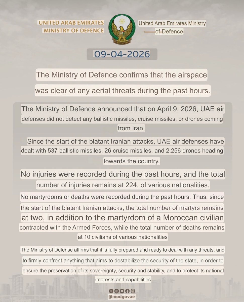 The United Arab Emirates Ministry of Defense has said that no Iranian cruise missiles, ballistic missiles, or drones were detected in the past hours on April 9