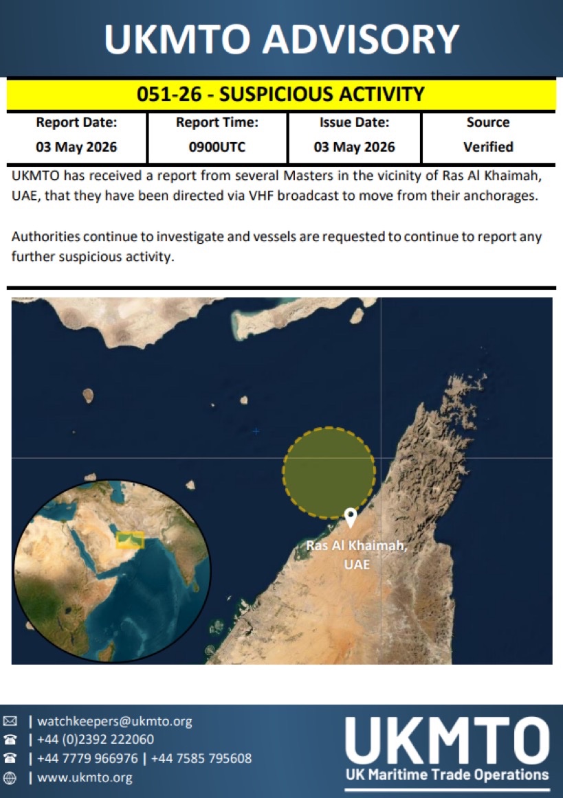United Kingdom Maritime Trade Operations (UKMTO) Centre has reported that several vessels in the vicinity of Ras Al Khaimah, United Arab Emirates have received broadcasts directing them to leave their offshore berthing points. No indication on who sent the broadcasts in the report and while the “leave anchorage” broadcast differs from past broadcasts, it does fall in line with past IRGC-N broadcasts during the conflict