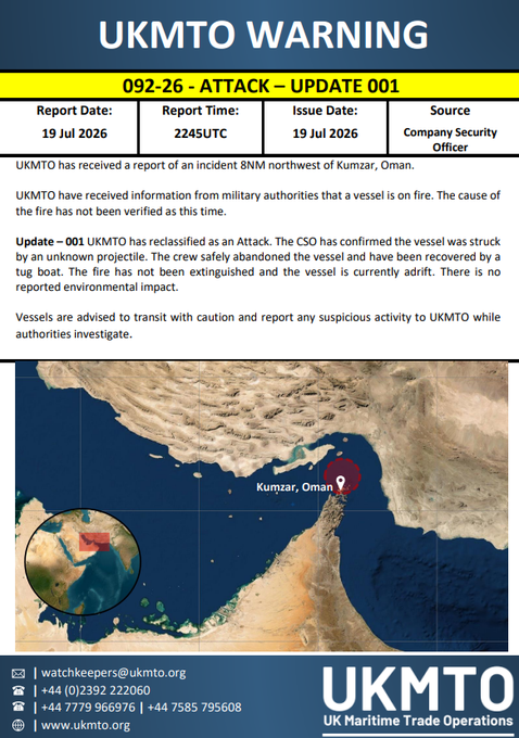 A vessel transiting the Strait of Hormuz was struck by an unknown projectile off the coast of Oman, causing a fire on the ship, UKMTO says. The crew safely abandoned the vessel and has been recovered by a tugboat