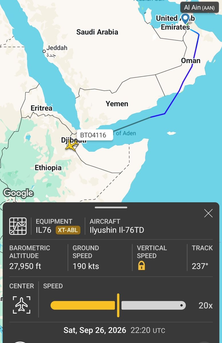 استمرار نقل شحنات مشبوهة من الإمارات إلى إثيوبيا: طائرة نقل فايس الهواء من طراز إيل76تي دي (رقم التسجيل 7Q-VAA) تغادر مطار العين في الإمارات متجهة إلى إثيوبيا. تتبعها طائرة نقل Batot الهواء من طراز إيل76تي دي (رقم التسجيل XT-ABL) بنفس المسار، وتغادر أيضًا من العين إلى إثيوبيا.
