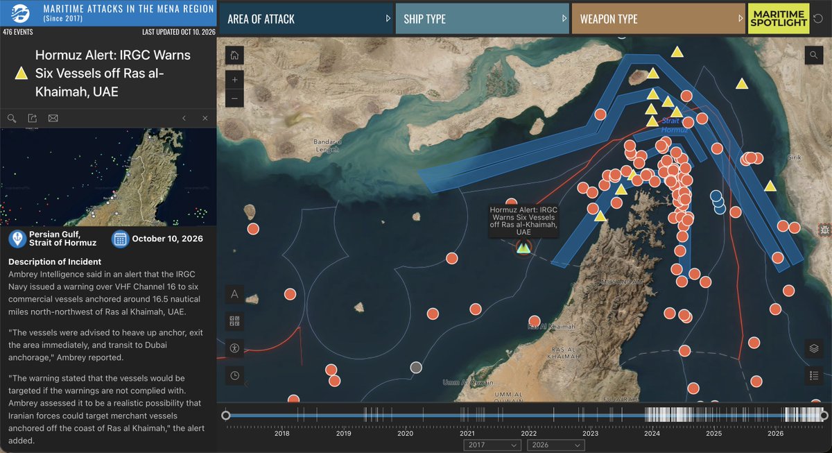 The IRGC Navy issued a warning over VHF Channel 16 to six vessels anchored around 16.5 nautical miles north-northwest of Ras al Khaimah, UAE, Ambrey Intelligence said in an alert. The vessels were advised to heave up anchor, exit the area immediately, and transit to Dubai anchorage, Ambrey noted