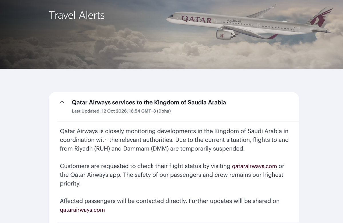 Les vols d'Etihad Airways entre Abu Dhabi et Dammam, ainsi que Jeddah et Riyad, ont été annulés en raison de perturbations régionales, selon une déclaration de la compagnie. Les vols de Qatar Airways vers et depuis les aéroports de Riyad (RUH) et Dammam (DMM) sont temporairement suspendus, selon une déclaration de la compagnie.